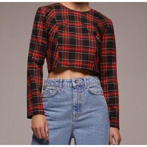 NEW! Zara Tartan Plaid Long Sleeve Cropped Shirt Red SZ Small